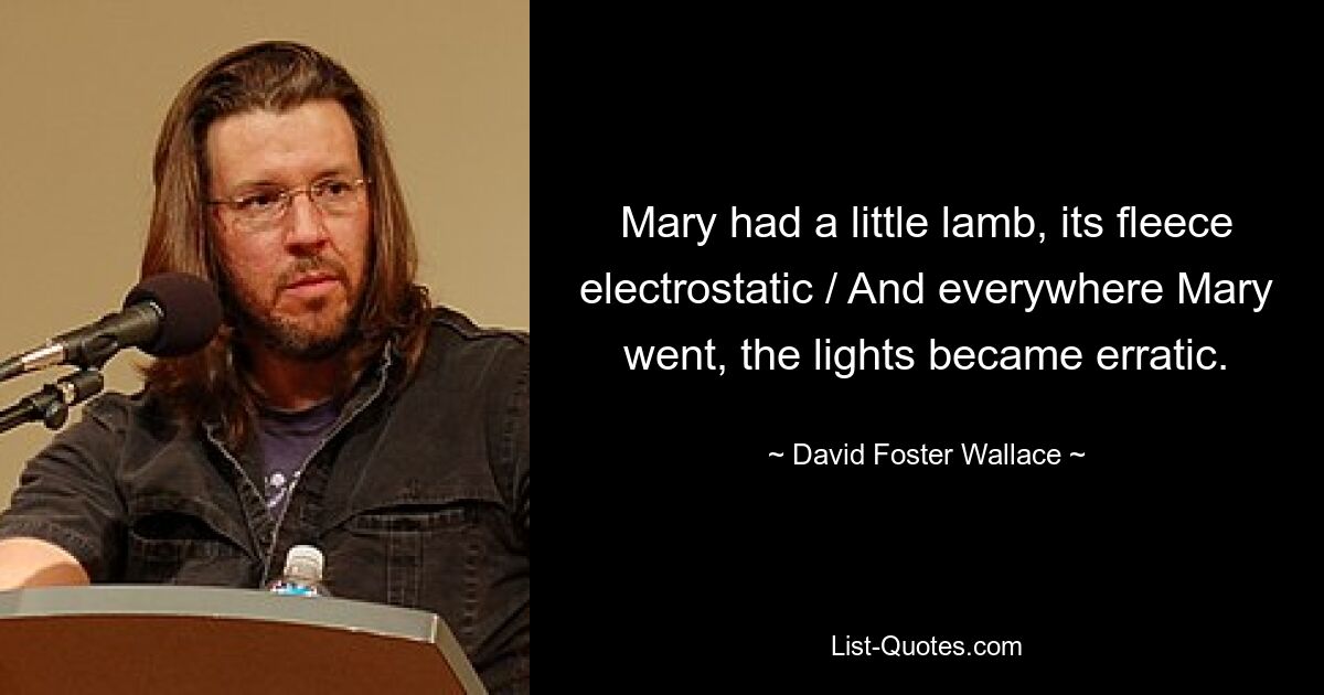 Mary had a little lamb, its fleece electrostatic / And everywhere Mary went, the lights became erratic. — © David Foster Wallace