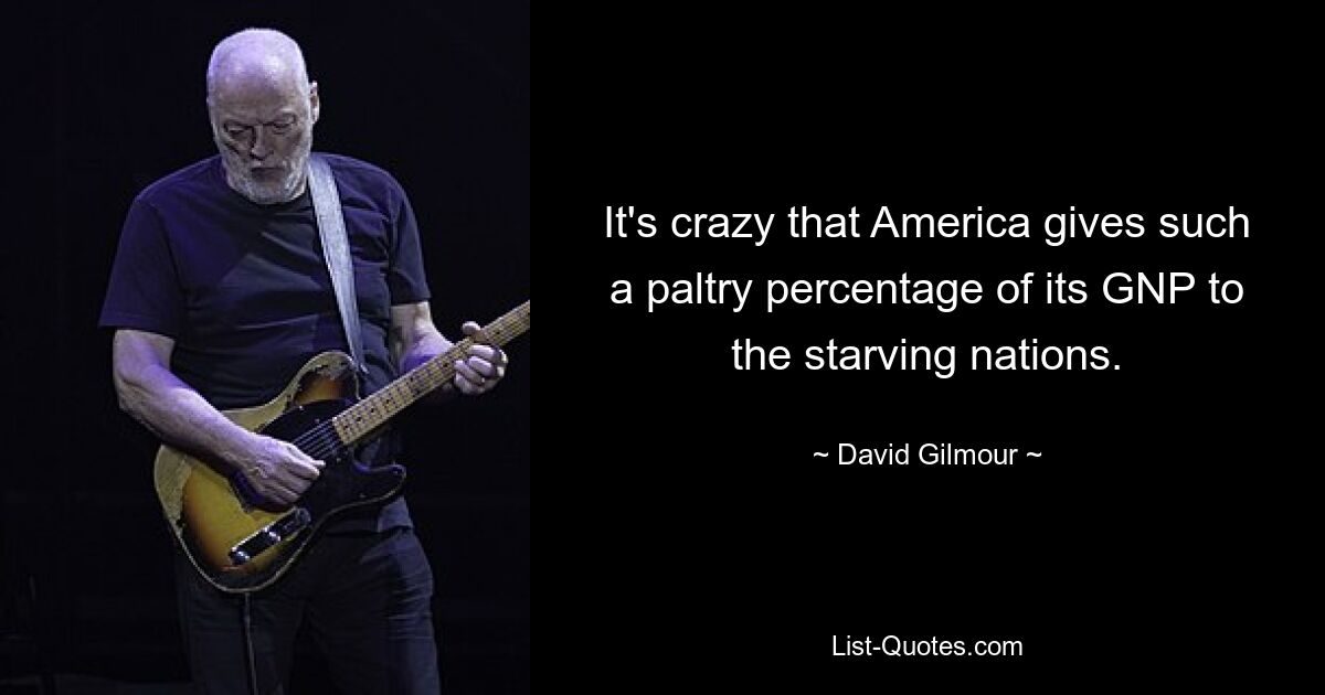 It's crazy that America gives such a paltry percentage of its GNP to the starving nations. — © David Gilmour