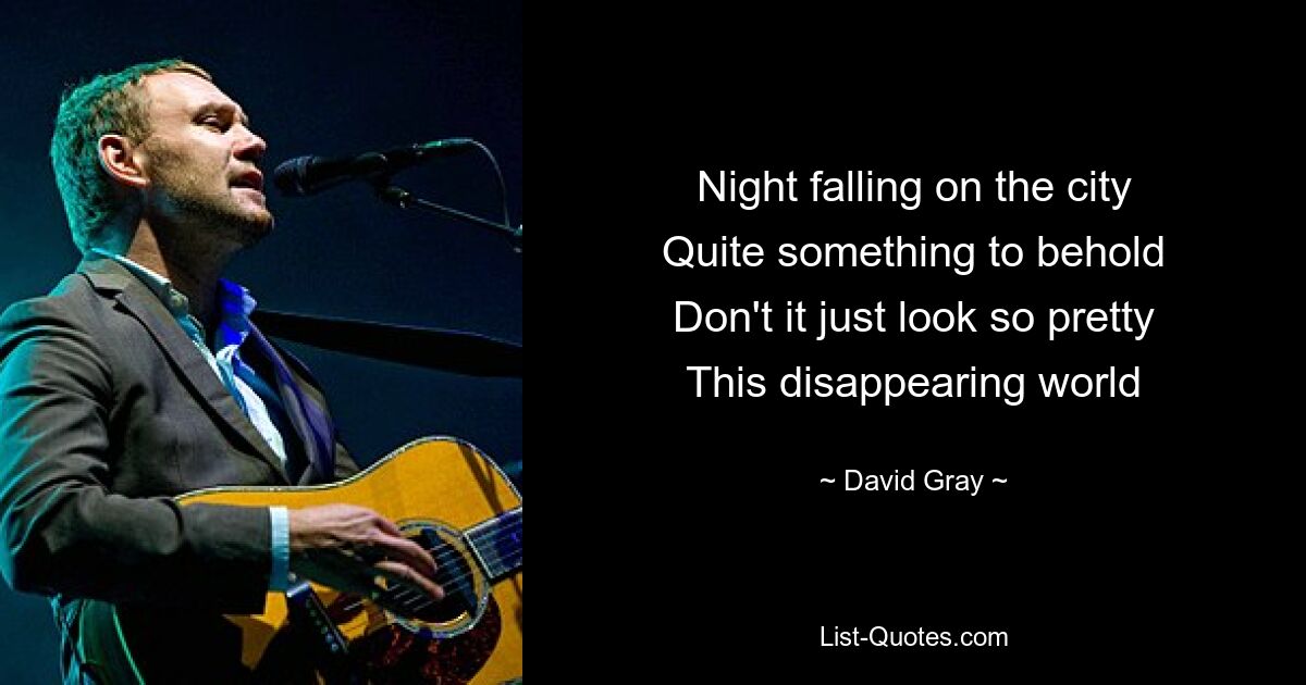 Night falling on the city
Quite something to behold
Don't it just look so pretty
This disappearing world — © David Gray