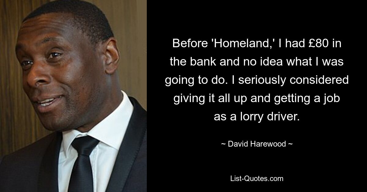 Before 'Homeland,' I had £80 in the bank and no idea what I was going to do. I seriously considered giving it all up and getting a job as a lorry driver. — © David Harewood