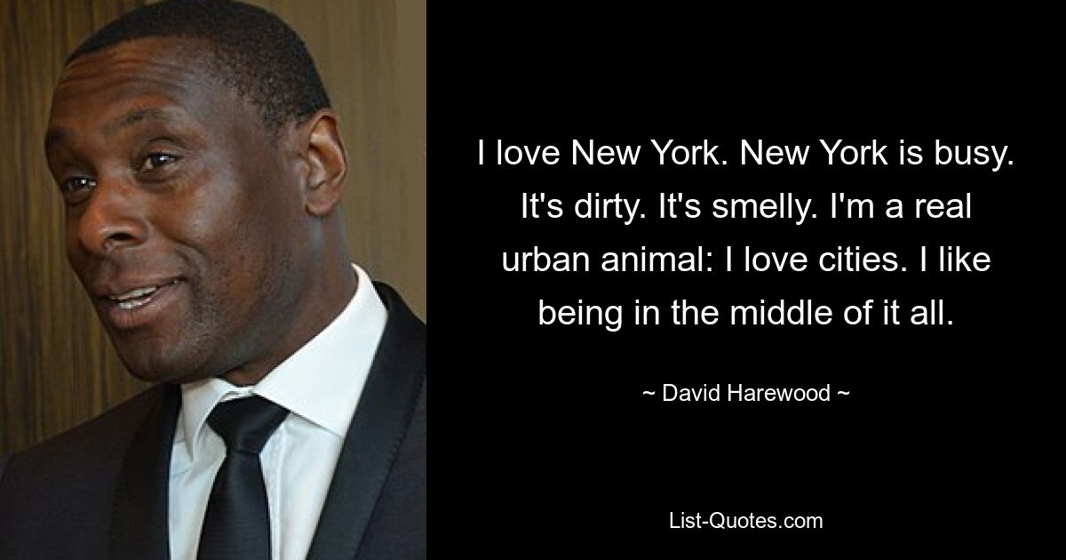 I love New York. New York is busy. It's dirty. It's smelly. I'm a real urban animal: I love cities. I like being in the middle of it all. — © David Harewood