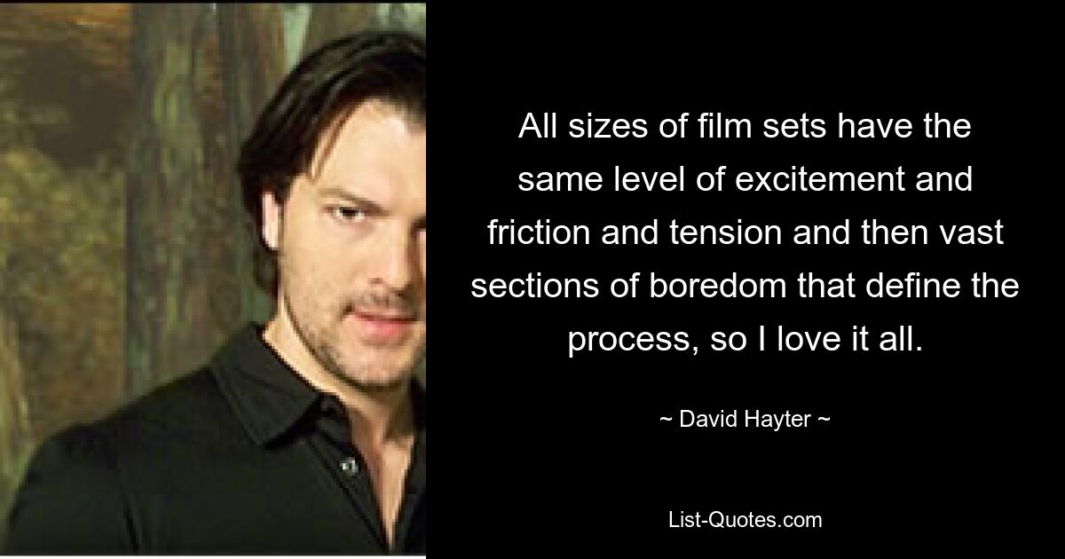 All sizes of film sets have the same level of excitement and friction and tension and then vast sections of boredom that define the process, so I love it all. — © David Hayter