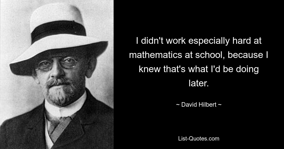 I didn't work especially hard at mathematics at school, because I knew that's what I'd be doing later. — © David Hilbert