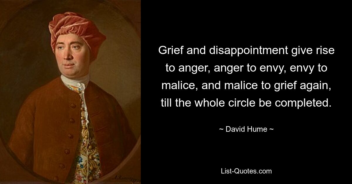 Grief and disappointment give rise to anger, anger to envy, envy to malice, and malice to grief again, till the whole circle be completed. — © David Hume