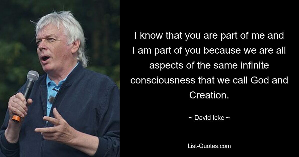 I know that you are part of me and I am part of you because we are all aspects of the same infinite consciousness that we call God and Creation. — © David Icke