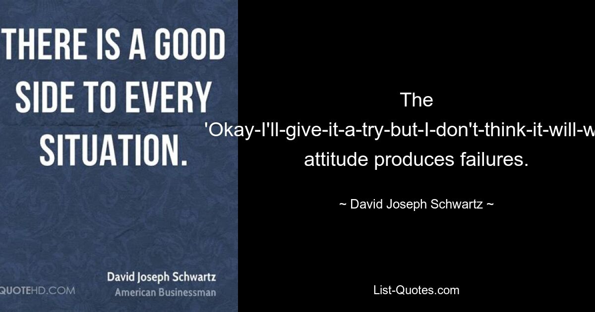 The 'Okay-I'll-give-it-a-try-but-I-don't-think-it-will-work' attitude produces failures. — © David Joseph Schwartz