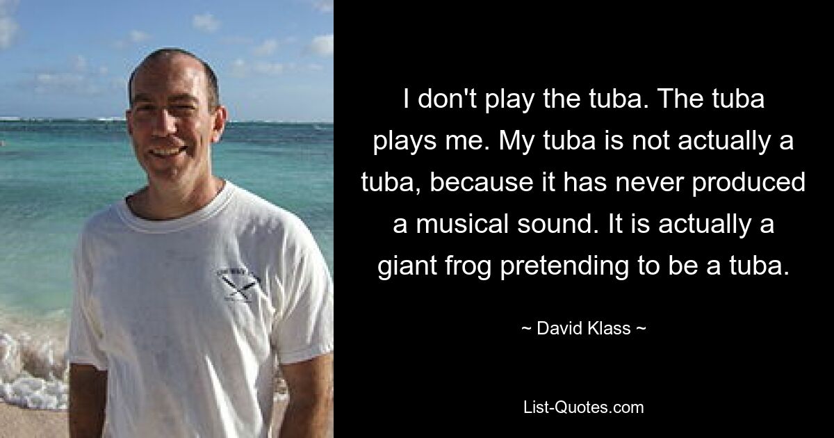 I don't play the tuba. The tuba plays me. My tuba is not actually a tuba, because it has never produced a musical sound. It is actually a giant frog pretending to be a tuba. — © David Klass