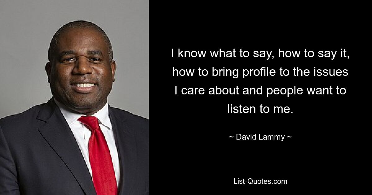 I know what to say, how to say it, how to bring profile to the issues I care about and people want to listen to me. — © David Lammy