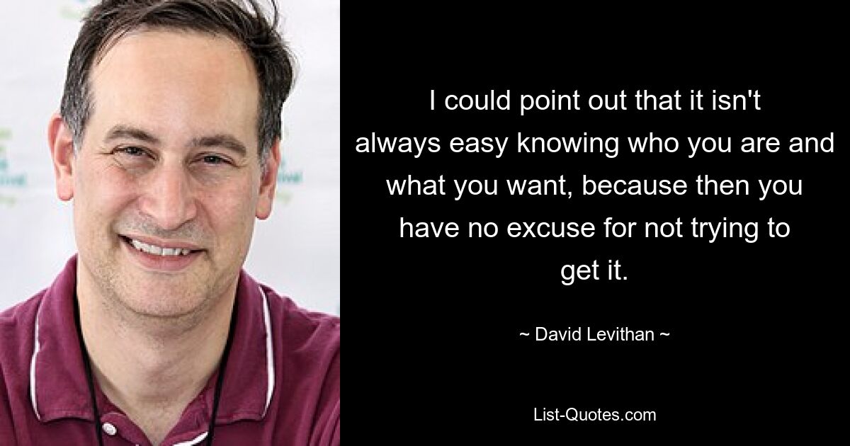 I could point out that it isn't always easy knowing who you are and what you want, because then you have no excuse for not trying to get it. — © David Levithan