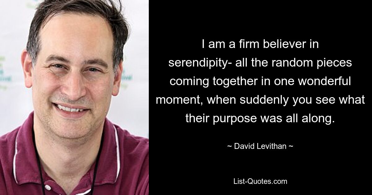 I am a firm believer in serendipity- all the random pieces coming together in one wonderful moment, when suddenly you see what their purpose was all along. — © David Levithan