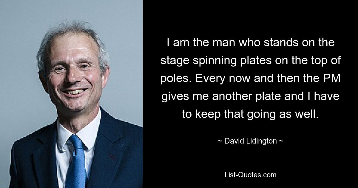 I am the man who stands on the stage spinning plates on the top of poles. Every now and then the PM gives me another plate and I have to keep that going as well. — © David Lidington