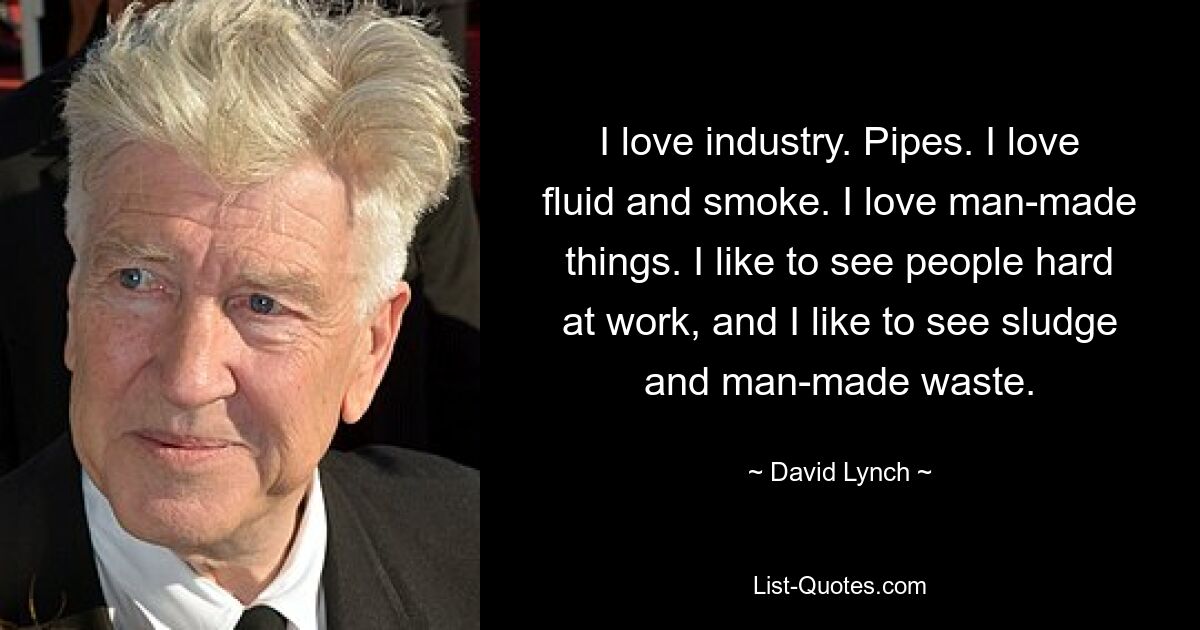 I love industry. Pipes. I love fluid and smoke. I love man-made things. I like to see people hard at work, and I like to see sludge and man-made waste. — © David Lynch