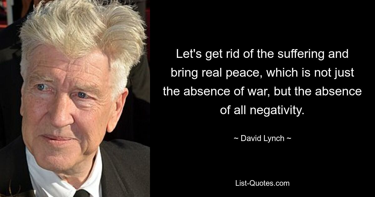 Let's get rid of the suffering and bring real peace, which is not just the absence of war, but the absence of all negativity. — © David Lynch