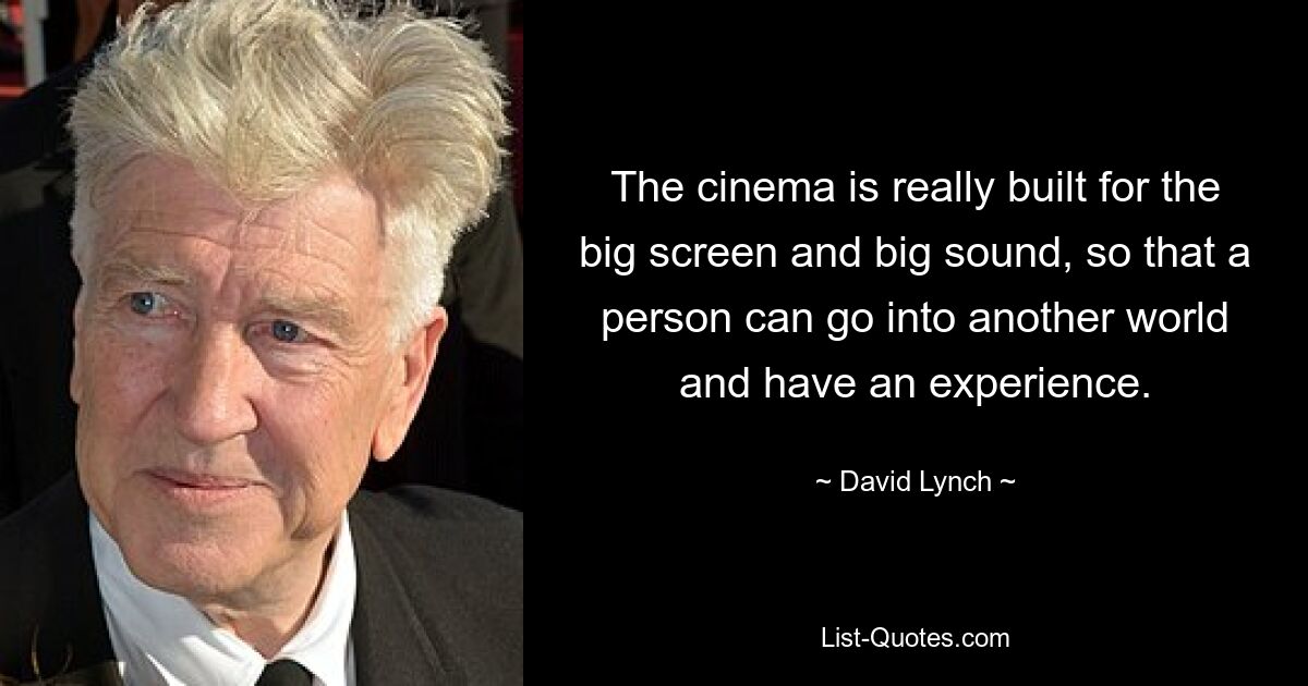 The cinema is really built for the big screen and big sound, so that a person can go into another world and have an experience. — © David Lynch