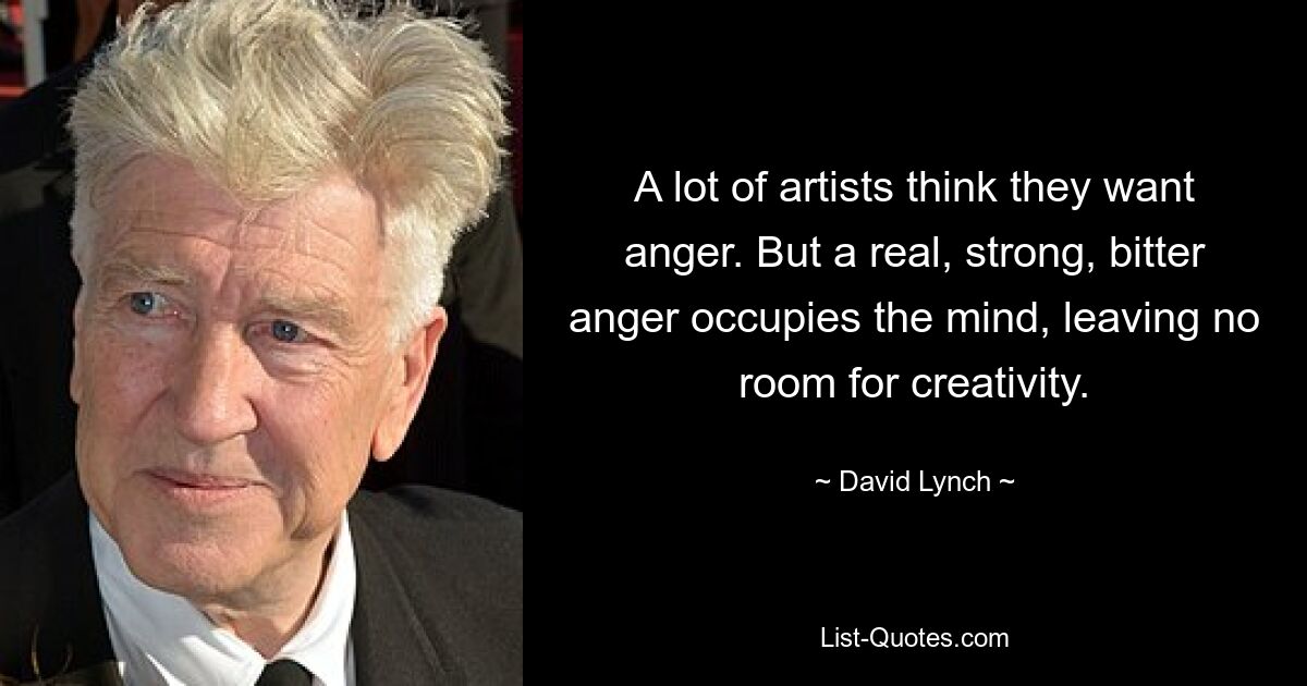 A lot of artists think they want anger. But a real, strong, bitter anger occupies the mind, leaving no room for creativity. — © David Lynch