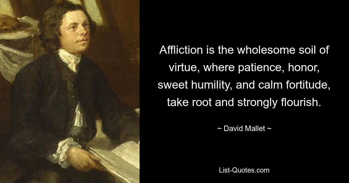 Affliction is the wholesome soil of virtue, where patience, honor, sweet humility, and calm fortitude, take root and strongly flourish. — © David Mallet