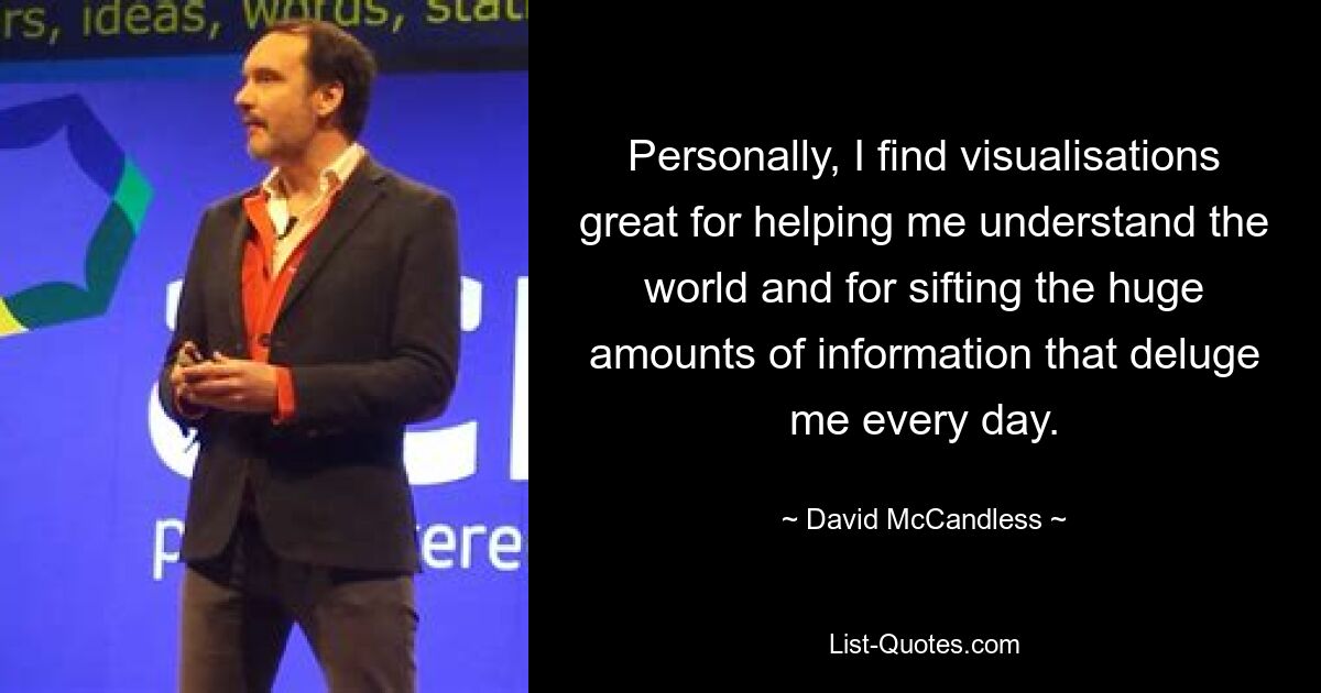 Personally, I find visualisations great for helping me understand the world and for sifting the huge amounts of information that deluge me every day. — © David McCandless