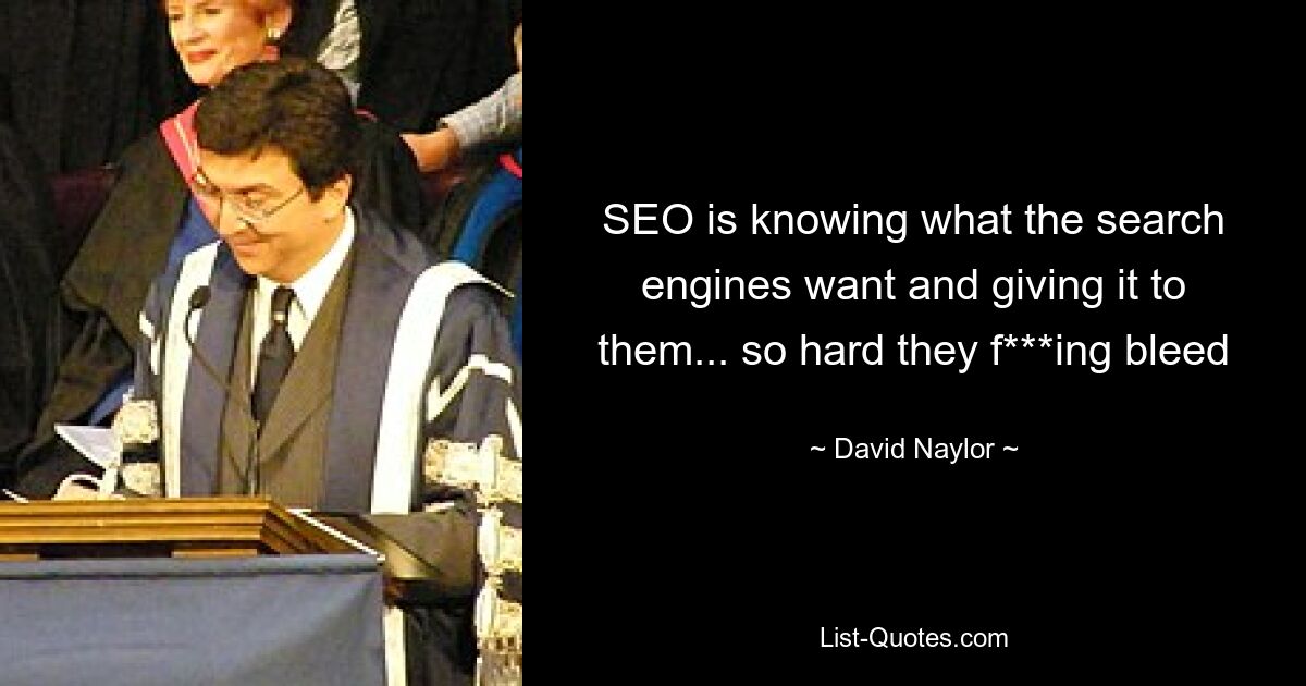 SEO is knowing what the search engines want and giving it to them... so hard they f***ing bleed — © David Naylor