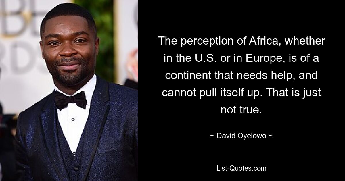 The perception of Africa, whether in the U.S. or in Europe, is of a continent that needs help, and cannot pull itself up. That is just not true. — © David Oyelowo