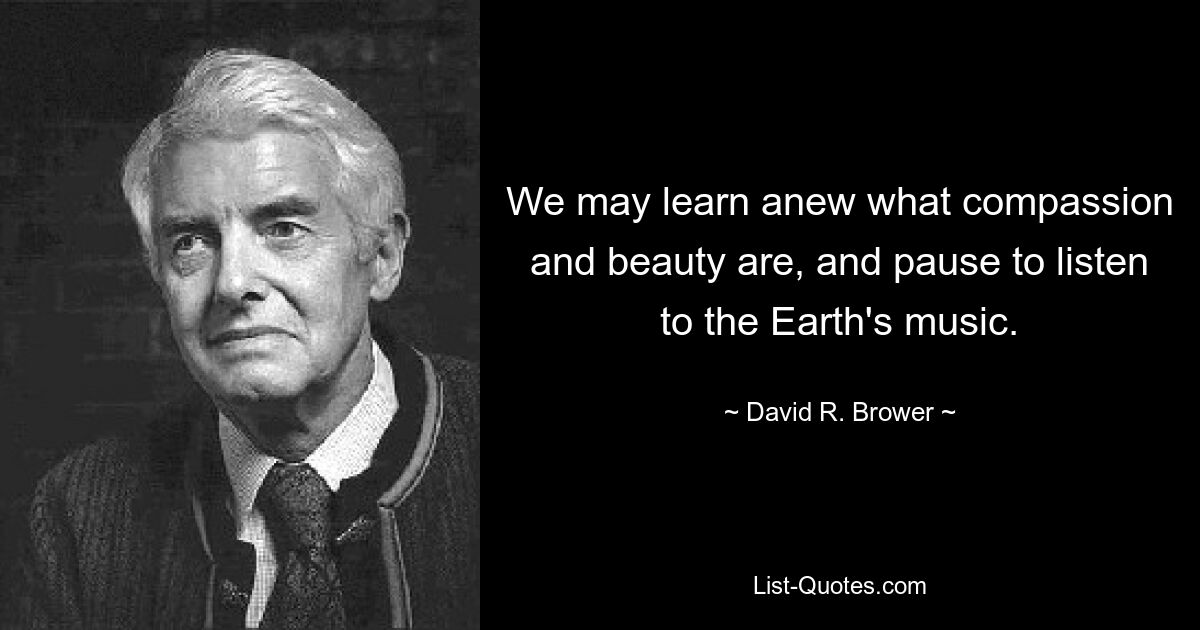 We may learn anew what compassion and beauty are, and pause to listen to the Earth's music. — © David R. Brower