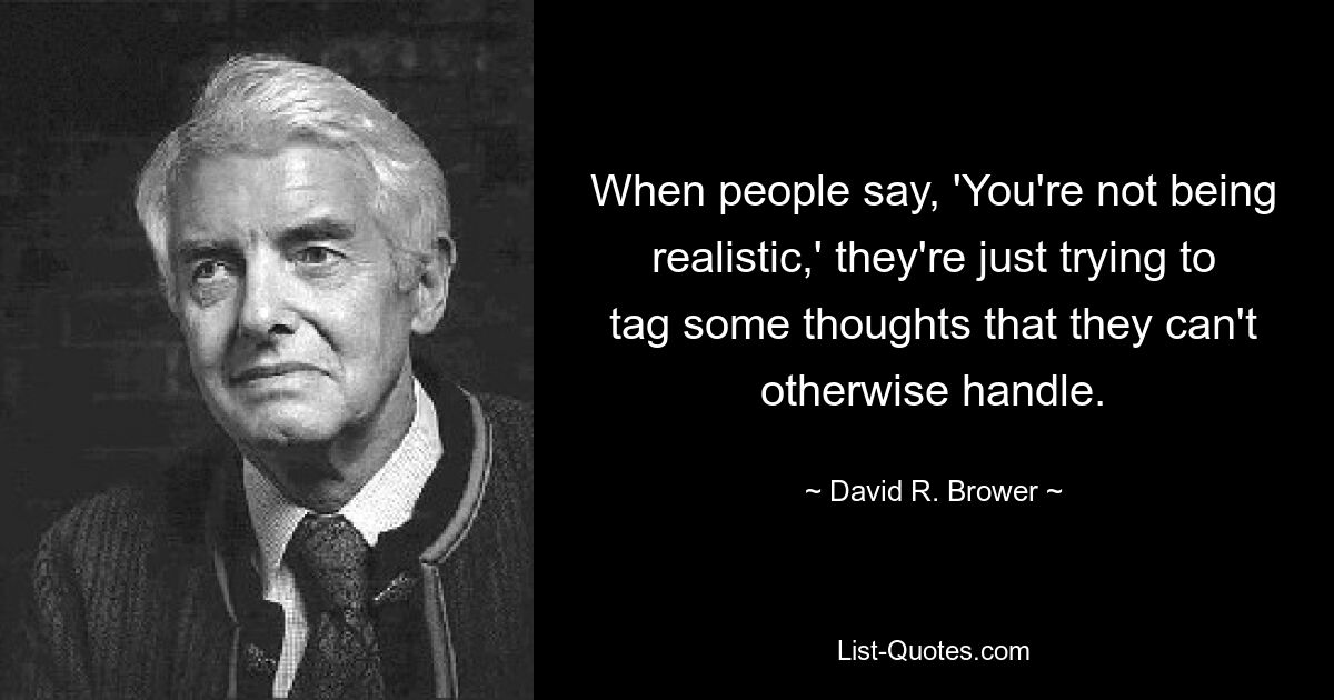 When people say, 'You're not being realistic,' they're just trying to tag some thoughts that they can't otherwise handle. — © David R. Brower