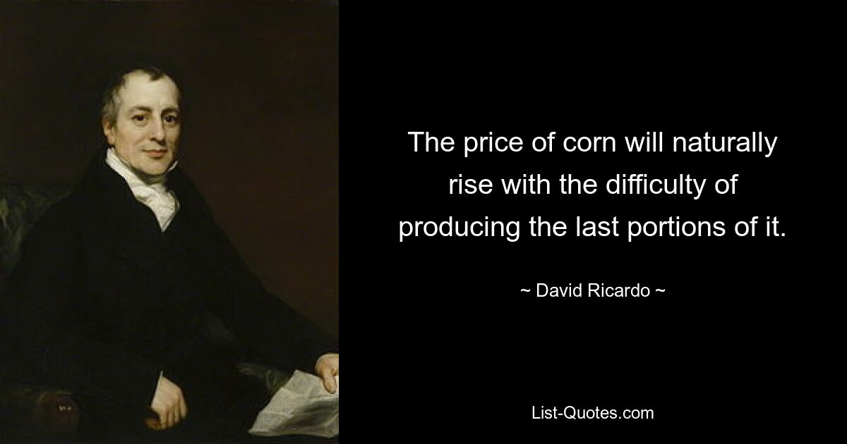 The price of corn will naturally rise with the difficulty of producing the last portions of it. — © David Ricardo