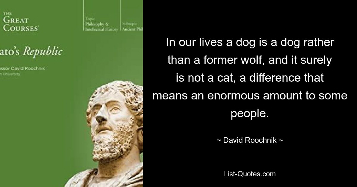 In our lives a dog is a dog rather than a former wolf, and it surely is not a cat, a difference that means an enormous amount to some people. — © David Roochnik