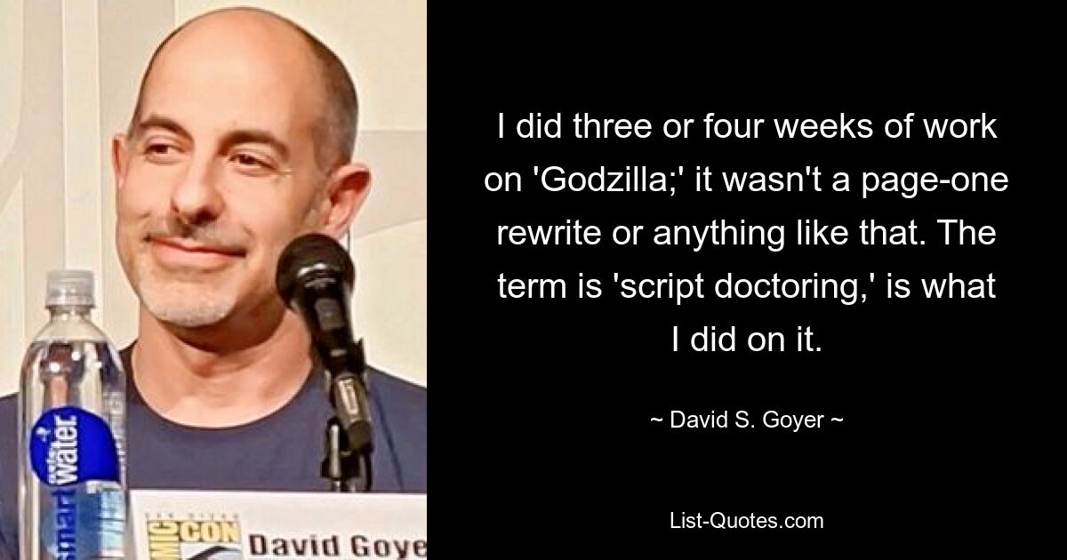 I did three or four weeks of work on 'Godzilla;' it wasn't a page-one rewrite or anything like that. The term is 'script doctoring,' is what I did on it. — © David S. Goyer