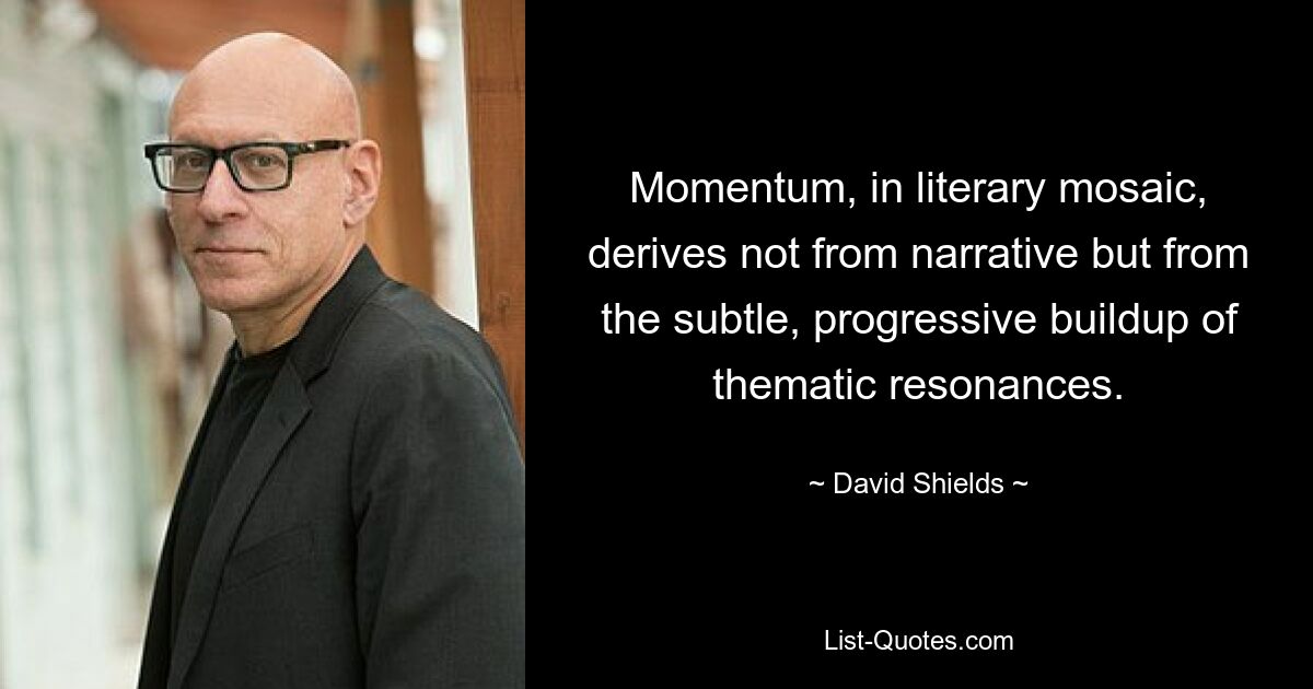 Momentum, in literary mosaic, derives not from narrative but from the subtle, progressive buildup of thematic resonances. — © David Shields