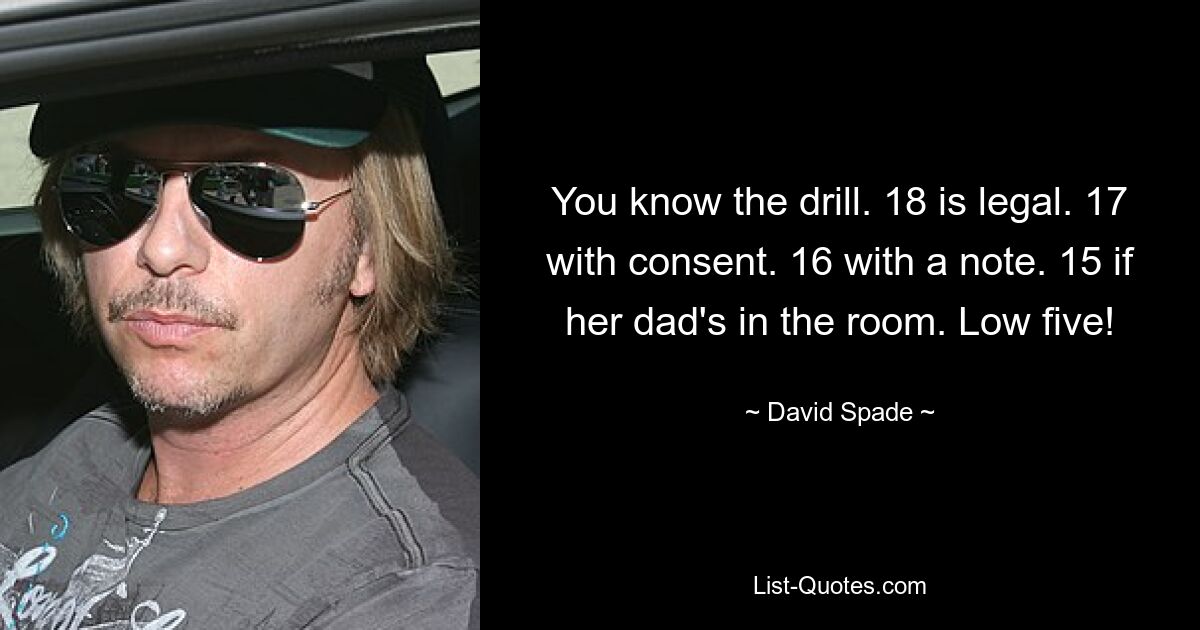 You know the drill. 18 is legal. 17 with consent. 16 with a note. 15 if her dad's in the room. Low five! — © David Spade