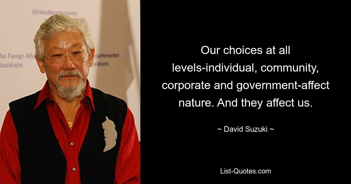 Our choices at all levels-individual, community, corporate and government-affect nature. And they affect us. — © David Suzuki