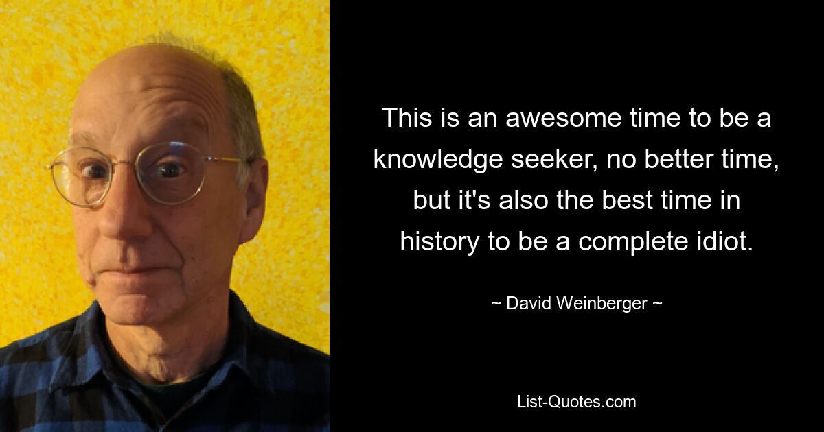 Dies ist eine großartige Zeit, um nach Wissen zu suchen, es gibt keine bessere Zeit, aber es ist auch die beste Zeit in der Geschichte, um ein Vollidiot zu sein. — © David Weinberger