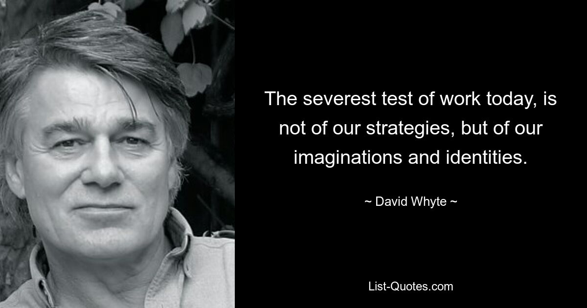 The severest test of work today, is not of our strategies, but of our imaginations and identities. — © David Whyte