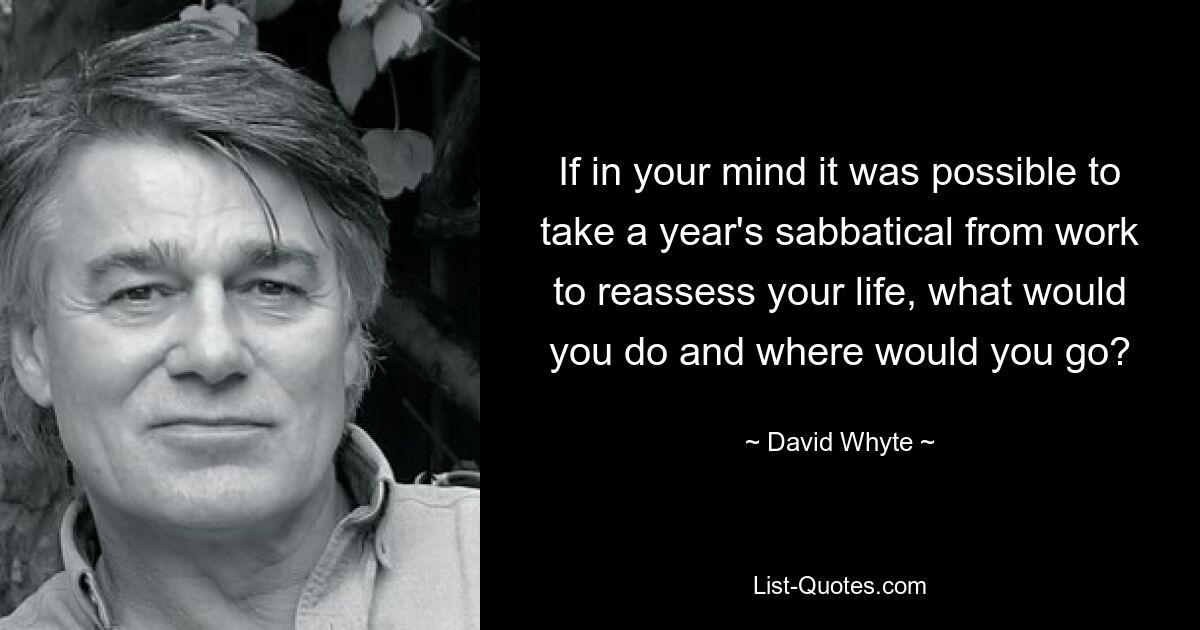 If in your mind it was possible to take a year's sabbatical from work to reassess your life, what would you do and where would you go? — © David Whyte