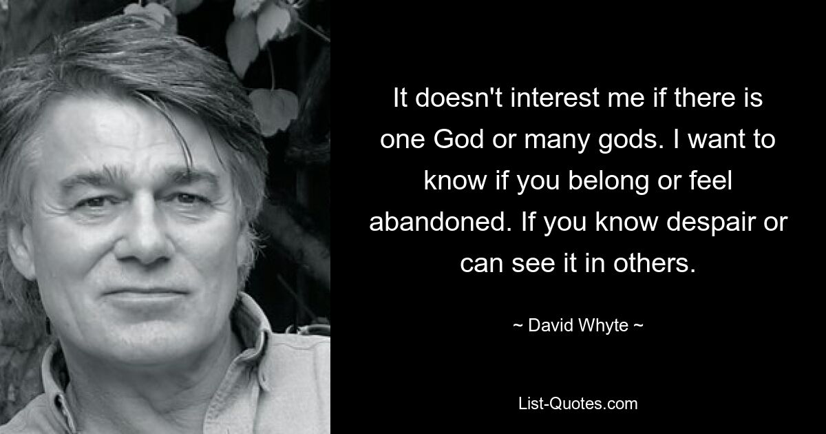 It doesn't interest me if there is one God or many gods. I want to know if you belong or feel abandoned. If you know despair or can see it in others. — © David Whyte