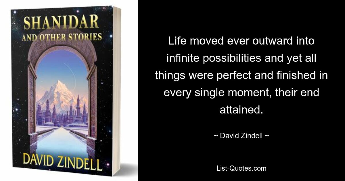 Life moved ever outward into infinite possibilities and yet all things were perfect and finished in every single moment, their end attained. — © David Zindell