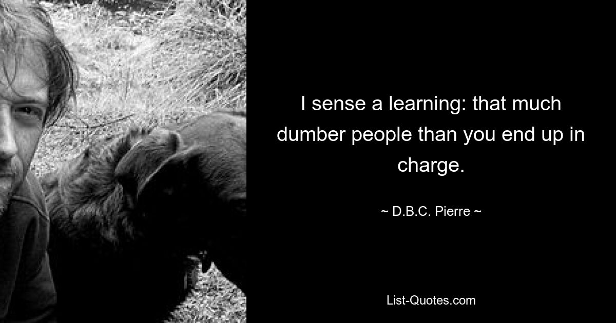 I sense a learning: that much dumber people than you end up in charge. — © D.B.C. Pierre