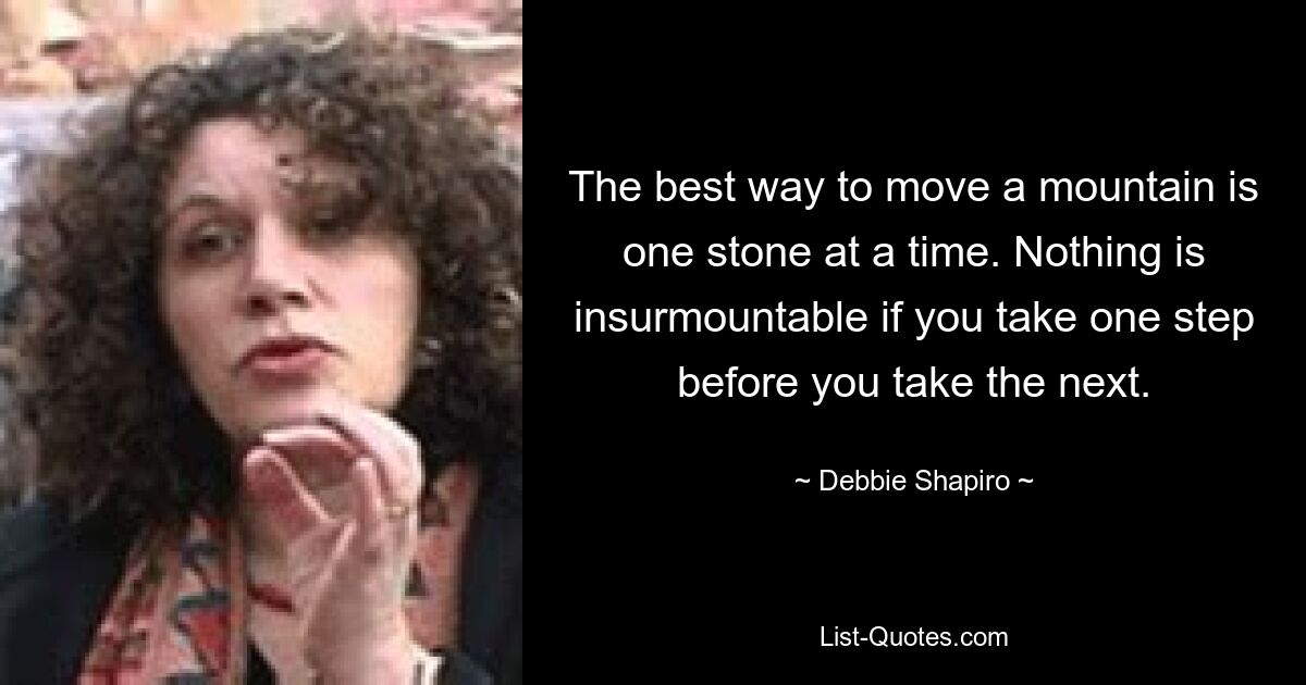 The best way to move a mountain is one stone at a time. Nothing is insurmountable if you take one step before you take the next. — © Debbie Shapiro