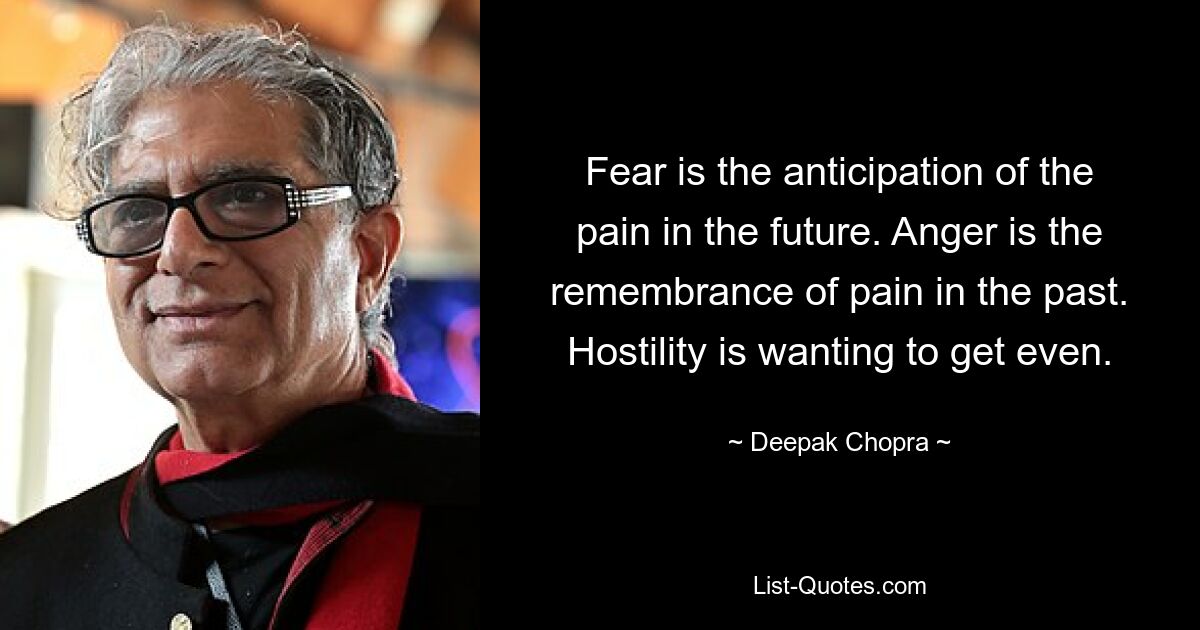 Fear is the anticipation of the pain in the future. Anger is the remembrance of pain in the past. Hostility is wanting to get even. — © Deepak Chopra