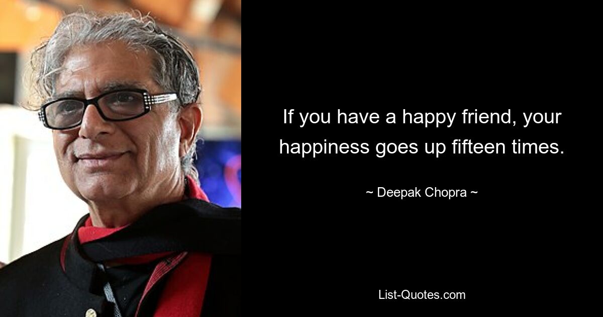 If you have a happy friend, your happiness goes up fifteen times. — © Deepak Chopra