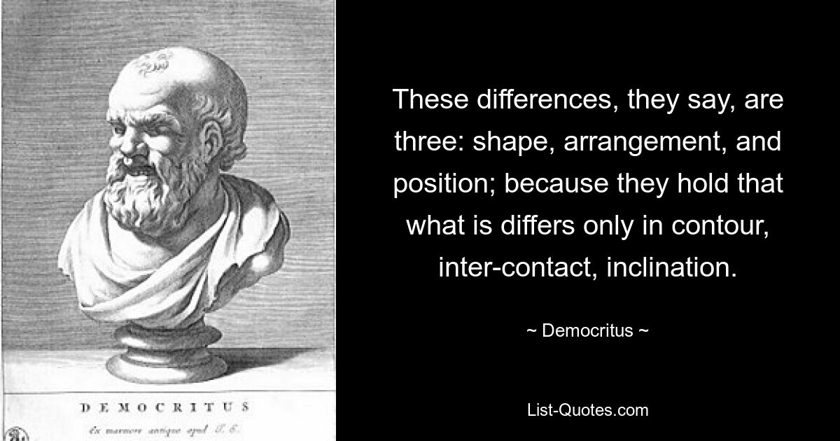 These differences, they say, are three: shape, arrangement, and position; because they hold that what is differs only in contour, inter-contact, inclination. — © Democritus