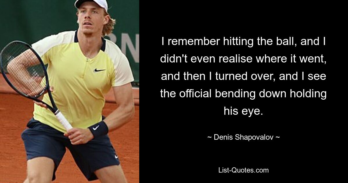 I remember hitting the ball, and I didn't even realise where it went, and then I turned over, and I see the official bending down holding his eye. — © Denis Shapovalov