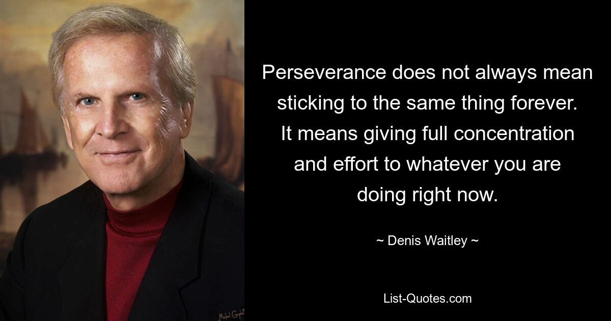 Perseverance does not always mean sticking to the same thing forever. It means giving full concentration and effort to whatever you are doing right now. — © Denis Waitley