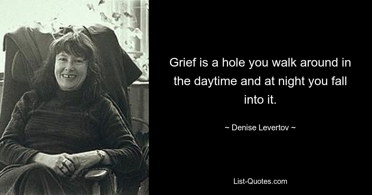 Grief is a hole you walk around in the daytime and at night you fall into it. — © Denise Levertov