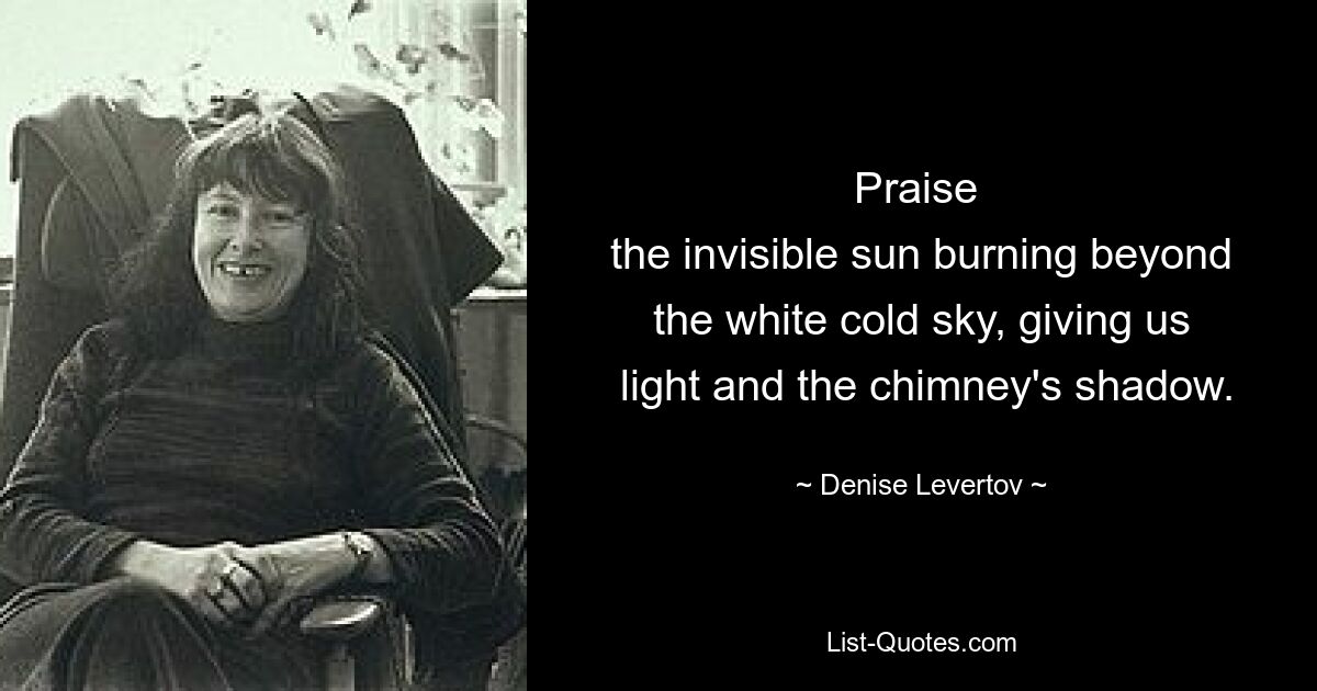 Praise 
 the invisible sun burning beyond 
 the white cold sky, giving us 
 light and the chimney's shadow. — © Denise Levertov