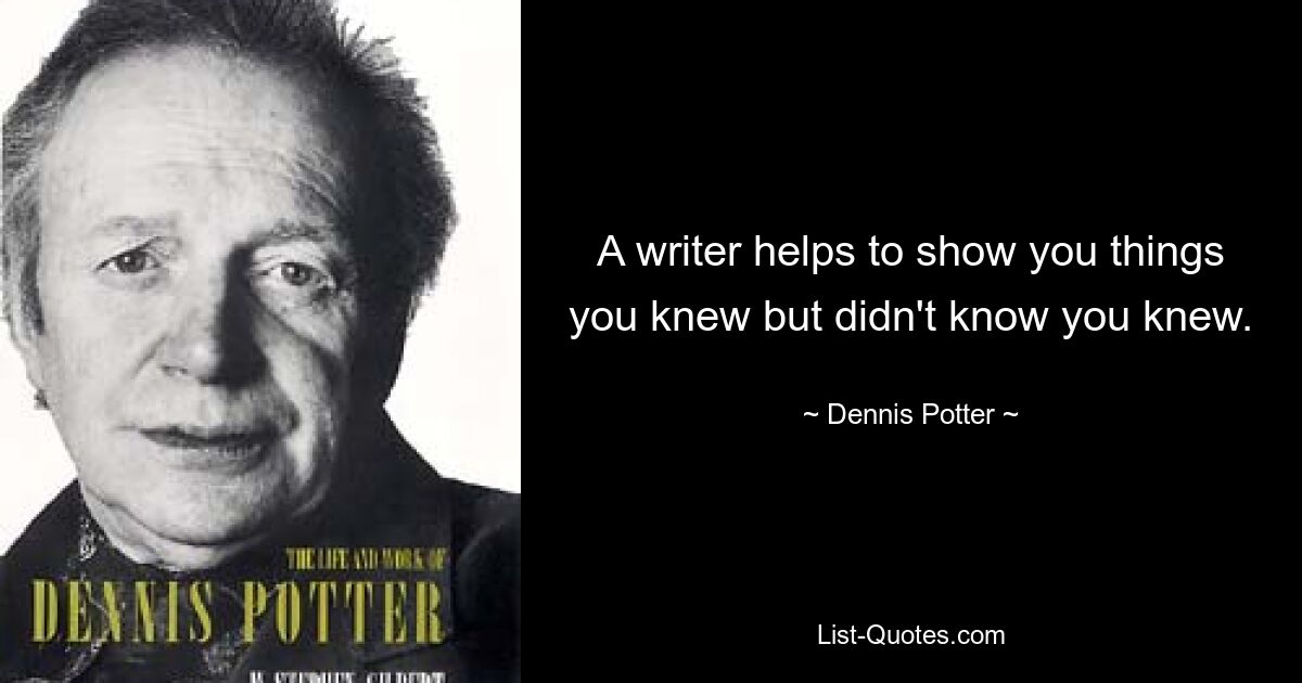 A writer helps to show you things you knew but didn't know you knew. — © Dennis Potter