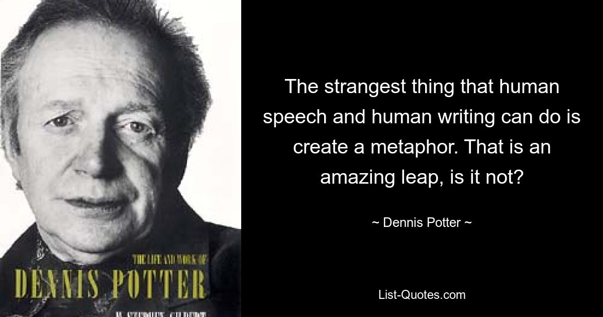 The strangest thing that human speech and human writing can do is create a metaphor. That is an amazing leap, is it not? — © Dennis Potter