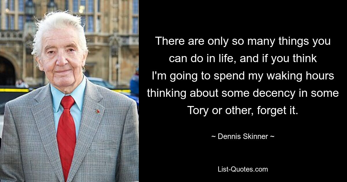 There are only so many things you can do in life, and if you think I'm going to spend my waking hours thinking about some decency in some Tory or other, forget it. — © Dennis Skinner