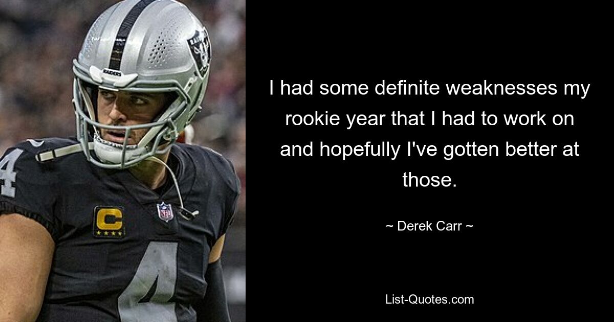 I had some definite weaknesses my rookie year that I had to work on and hopefully I've gotten better at those. — © Derek Carr