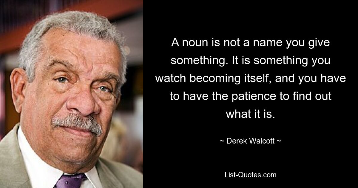 A noun is not a name you give something. It is something you watch becoming itself, and you have to have the patience to find out what it is. — © Derek Walcott